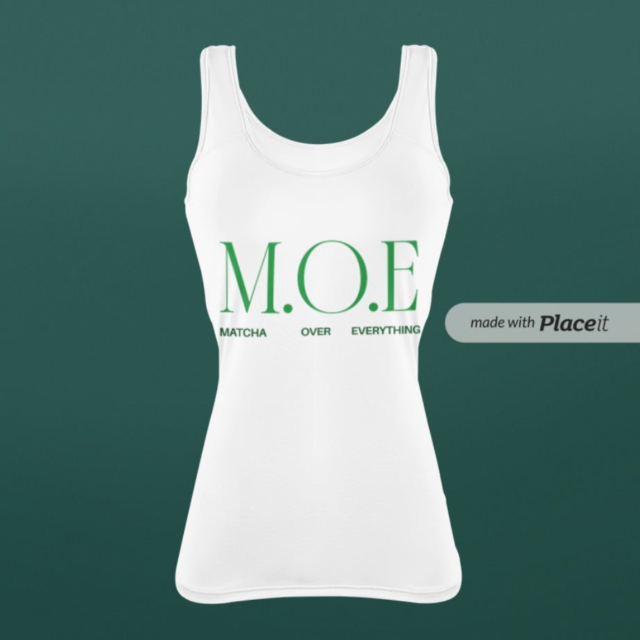 M.O.E Matcha Over Everything Women's Tank Top — Minimalist Green Logo Ribbed Tank for Matcha Lover